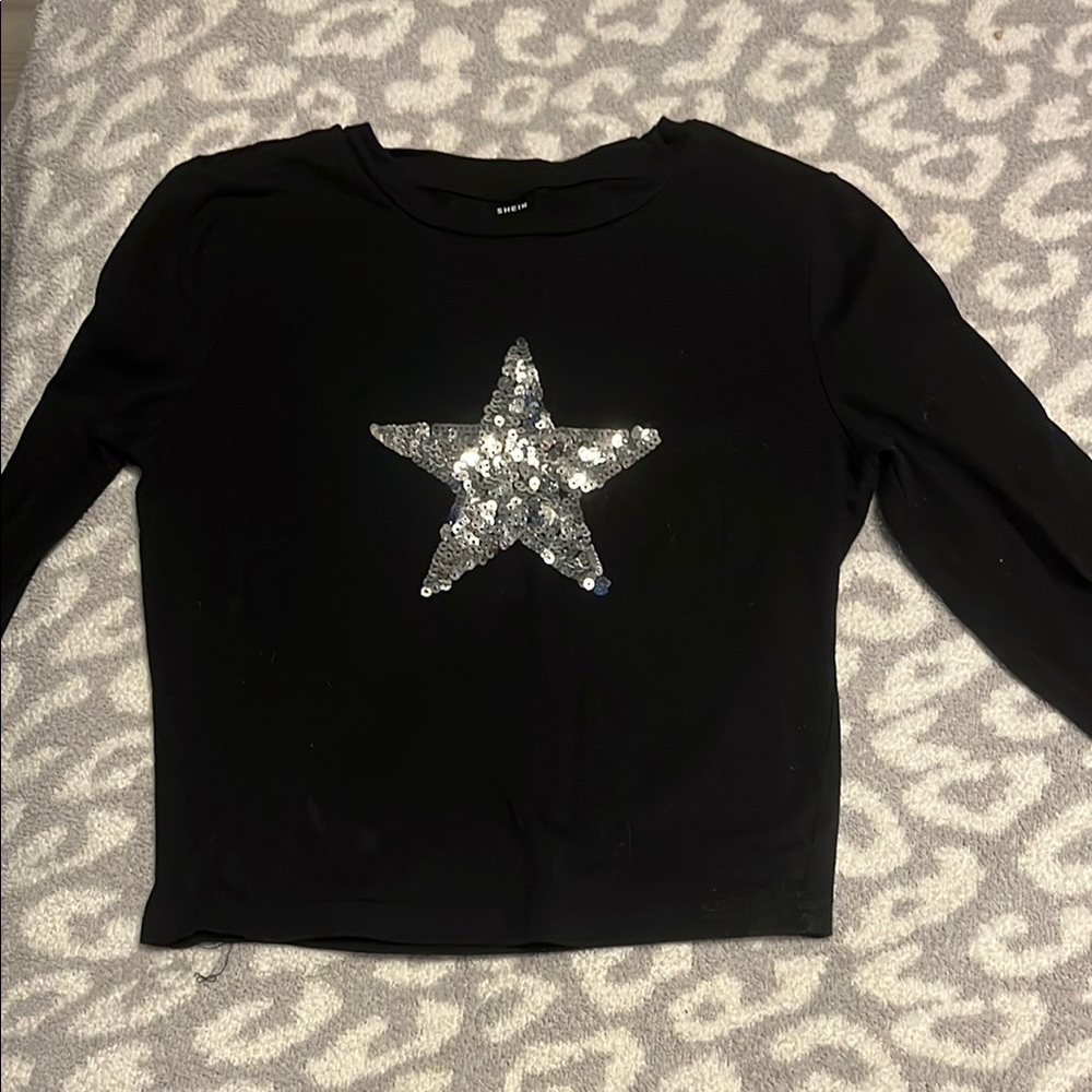 SHEIN Black Long Sleeve Tee with Silver Star